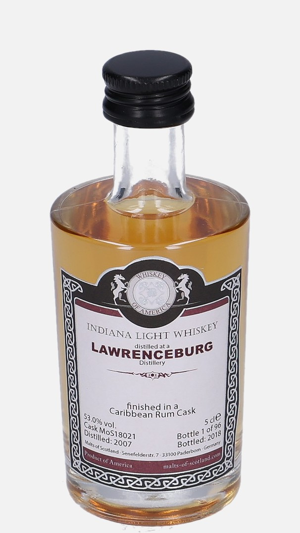 Lawrenceburg Distillery Malts of Scotland d. 2007, b. 2018 cask no. MoS 18021 Indiana Light Whiskey Matured in Caribbean Rum Cask 53% Vol, 50 ml Uncategorized 