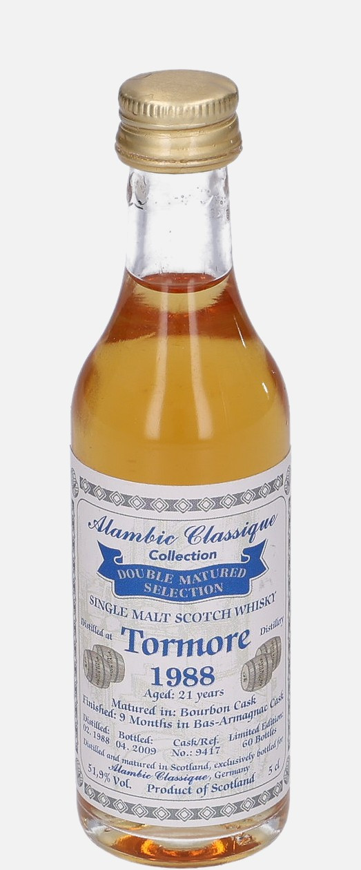 Tormore Alambic Classique d. 2.1988, b. 4.2009 21 years old cask no. Ref No:9417 Single Malt Scotch Whisky Matured in Bourbon Cask Finished in Armagnac Cask 51.9% Vol, 50 ml Uncategorized 