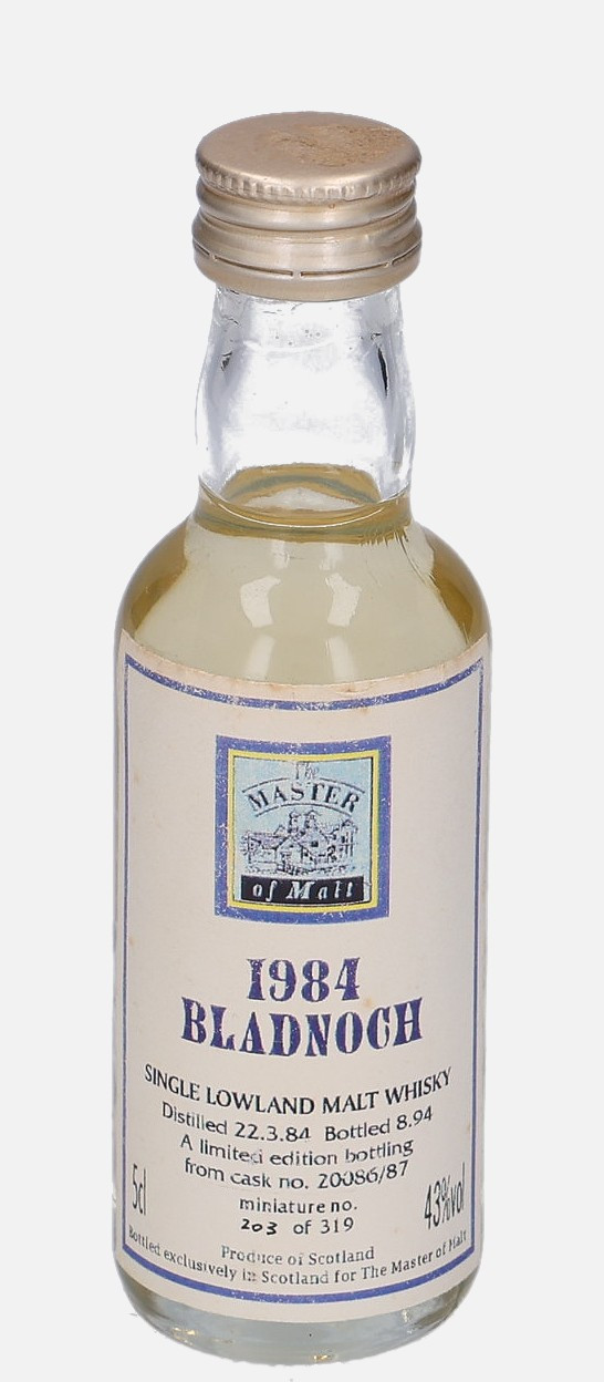 Bladnoch Master of Malt d. 22.3.1984, b. 8.1994 cask no. 20086/87 Single Lowland Malt Whisky 43% Vol, 50 ml Uncategorized 