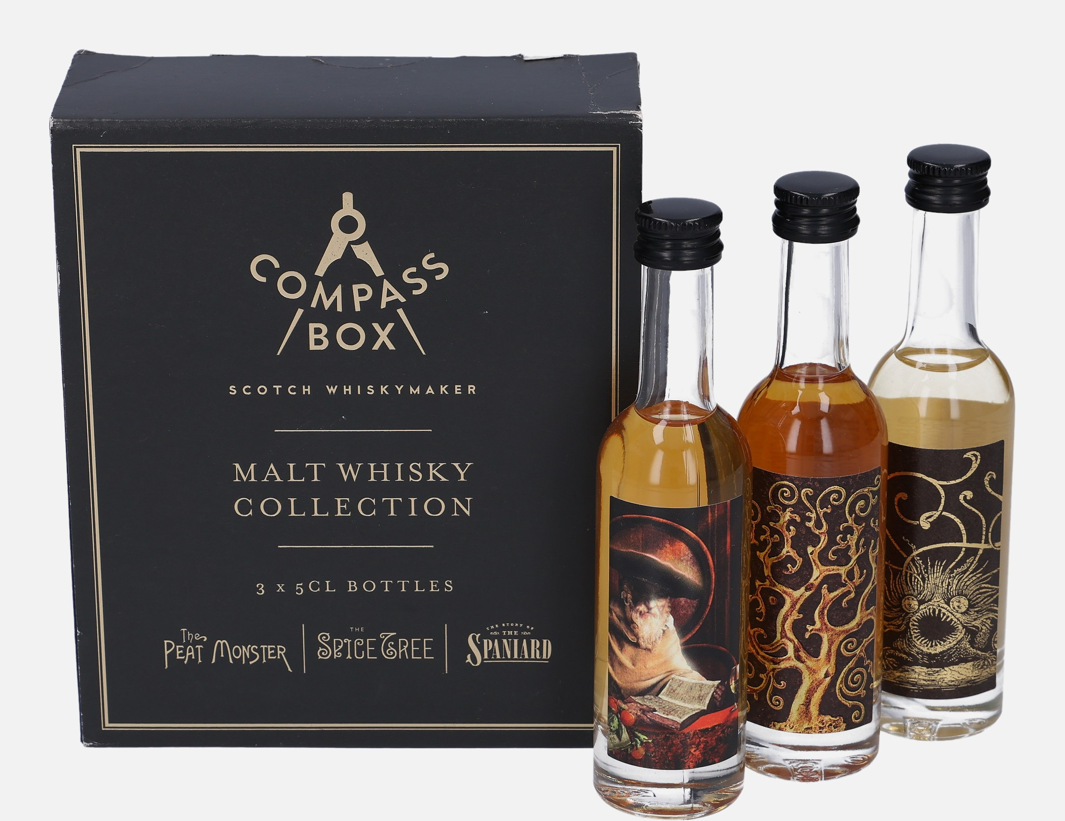Compass Box Set Malt Whisky Collection The Spice Tree – Malt Scotch Whisky 46% The Peat Monster – Malt Scotch Whisky The Story of the Spaniard – Malt Scotch Whisky 46%vol, 46%vol, 43%vol, 3x 5cl Uncategorized 
