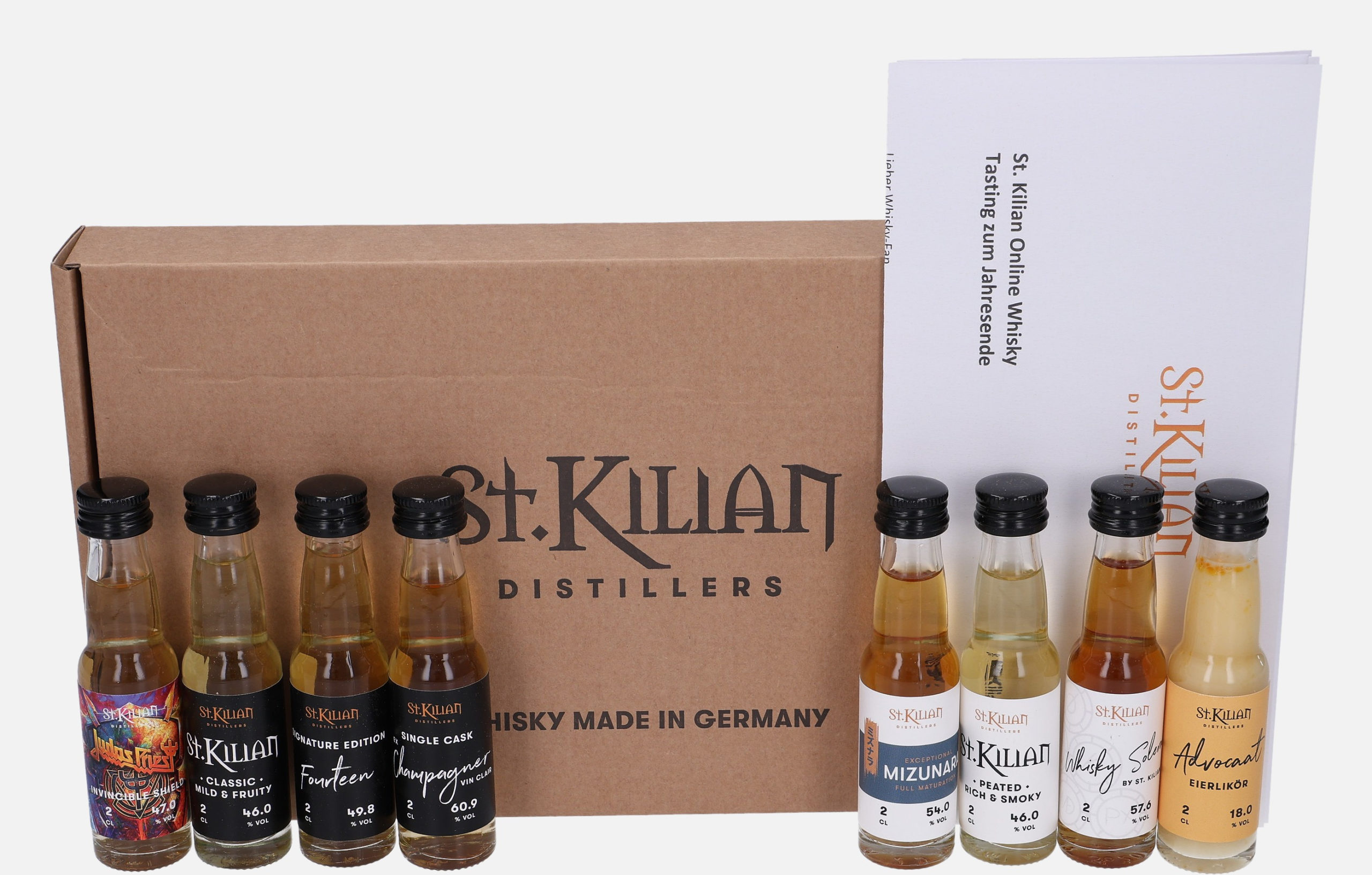 St. Kilian Genesis Set Original Bottling Online Whisky Tasting 1. St. Kilian Classic Mild & Fruity 46,0% 2. Signature Edition Fourteen unpeated 49,8% 3. Single Cask Ex Champagner Vin Clair unpeated 60,9% 4. Judas Priest Invincible Shield Lightly Smoky 47.0% 5. St.Kilian Exceptional Mizunara Peated 54.,0% 6. St.Kilian peated Rich & Smoky 46.0% 7. Whisky Solera by St.Kilian Peated 57,6% 8. Advocaat 18,0% 8x 2cl Uncategorized 