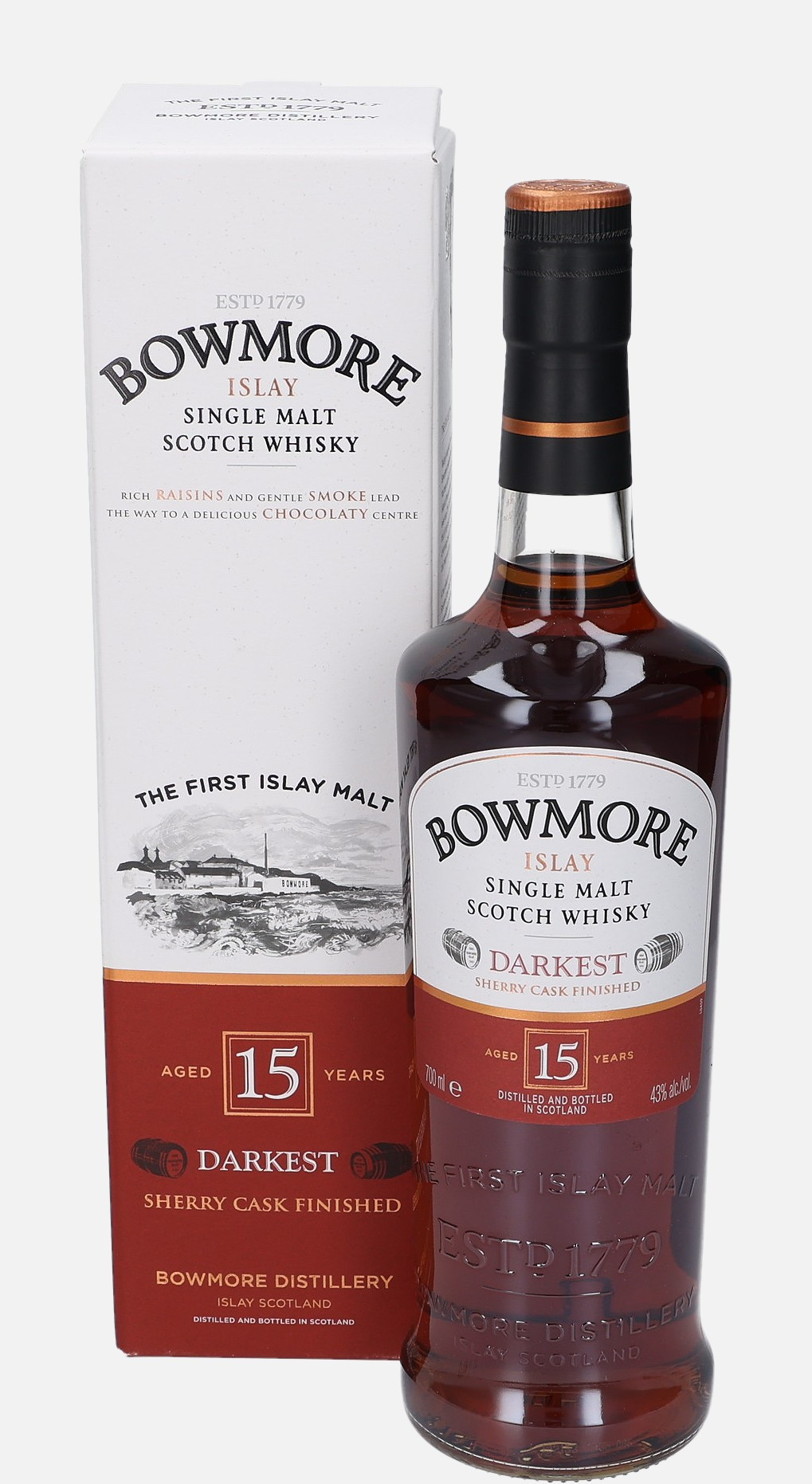 Bowmore Darkest, Original Bottling 15 years old Islay Single Malt Scotch Whisky Finished in Sherry Cask 43% Vol, 700 ml Uncategorized