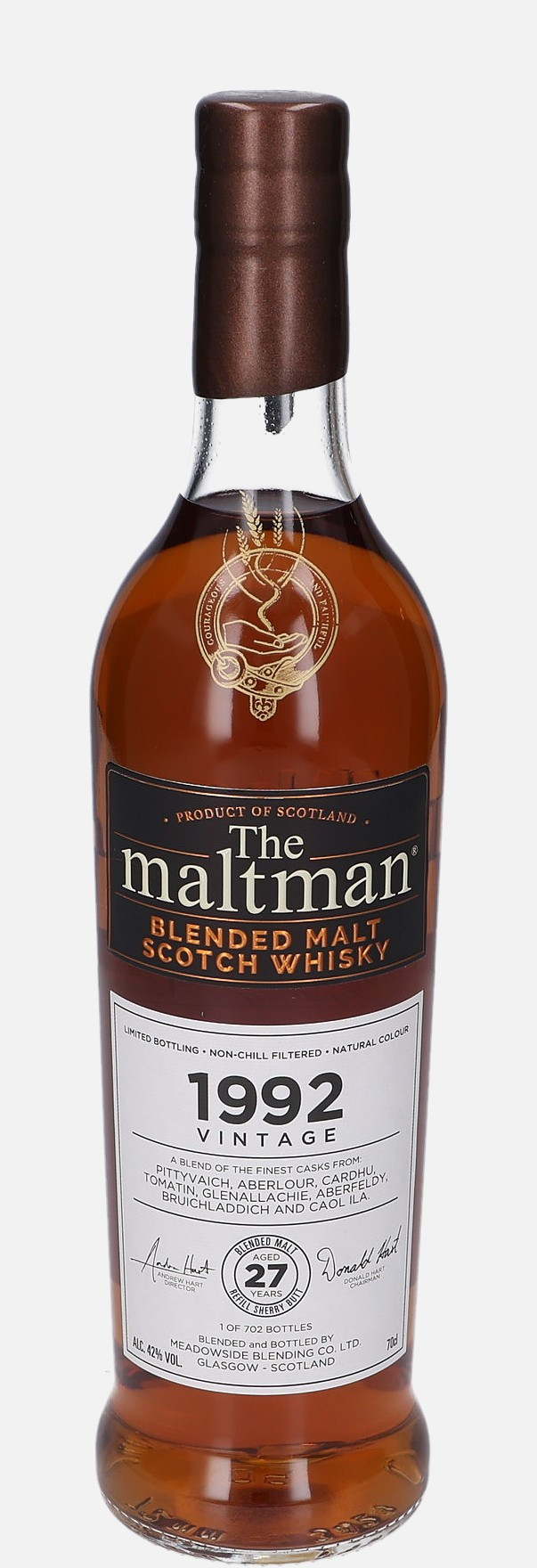 The maltman Meadowside Blending Co. Ltd. d. 1992 27 years old Blended Malt Scotch Whisky Matured in Refill Sherry Butt 42% Vol, 700 ml Uncategorized 