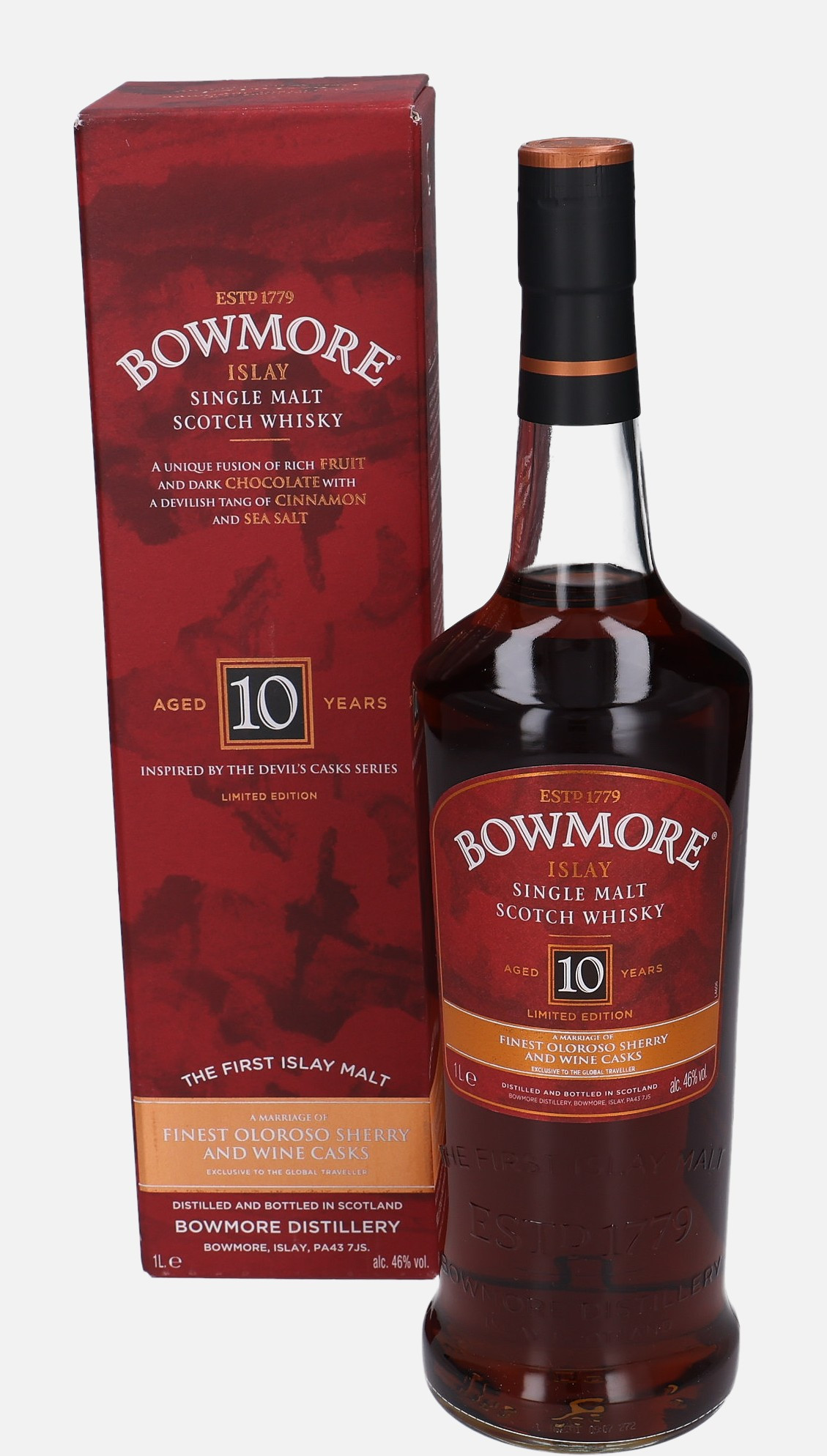 Bowmore Original Bottling 10 years old Islay Single Malt Scotch Whisky Matured in Oloroso Sherry & Wine Casks 46% Vol, 1000 ml Uncategorized 