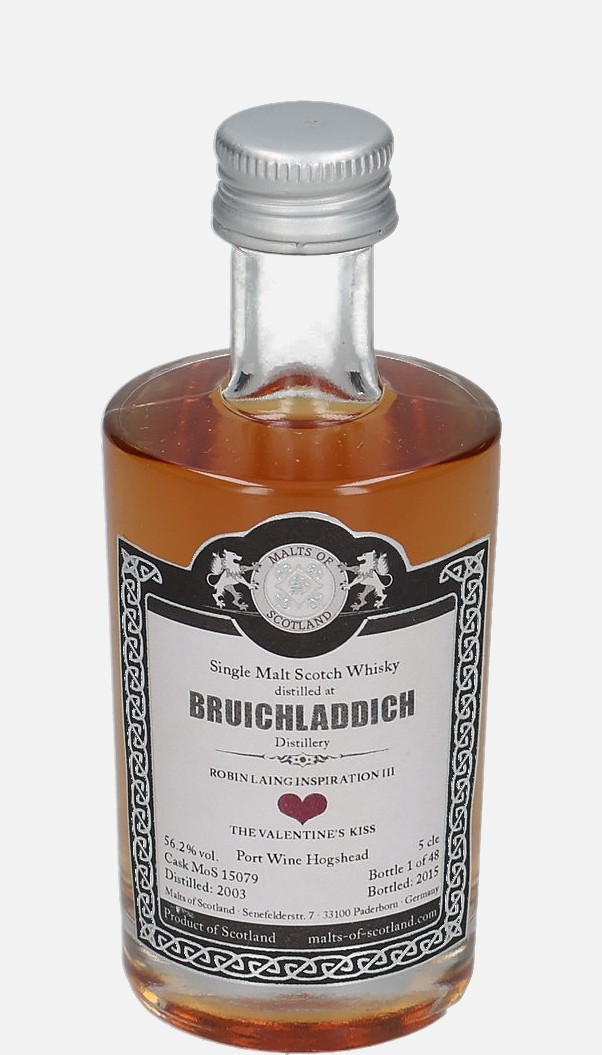 Bruichladdich Malts of Scotland d. 2003, b. 2015 cask no. MoS 15079 Single Malt Scotch Whisky Matured in Port Wine 56.2% Vol, 50 ml Uncategorized 