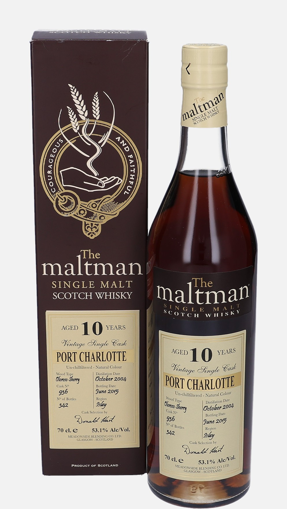 Bruichladdich Port Charlotte, Meadowside Blending Co. Ltd. d. October 2004, b. June 2015 10 years old cask no. 936 Single Malt Scotch Whisky Matured in Oloroso Sherry Cask 53.1% Vol, 700 ml Uncategorized 