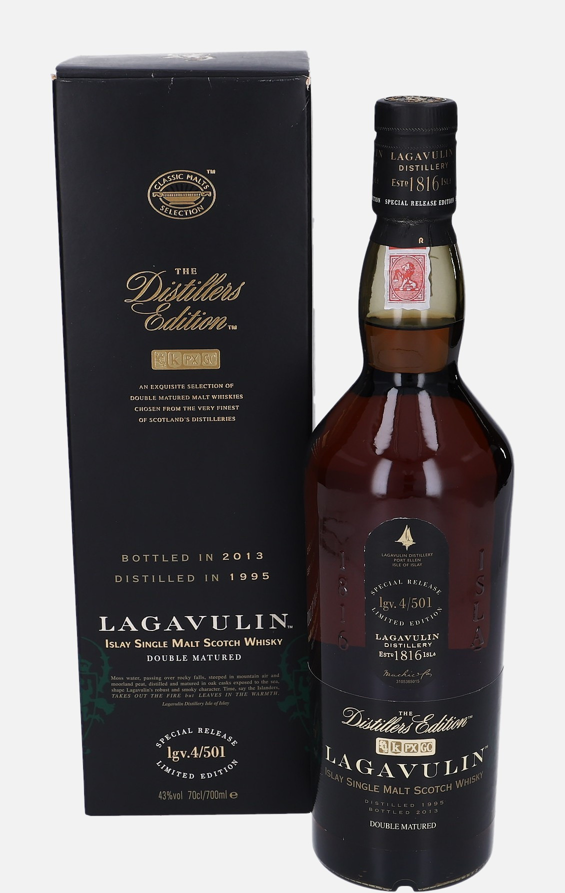 Lagavulin Original Bottling d. 1995, b. 2013 lgv. 4/501 Islay Single Malt Scotch Whisky Finished in Pedro Ximenez Cask 43% Vol, 700 ml Uncategorized