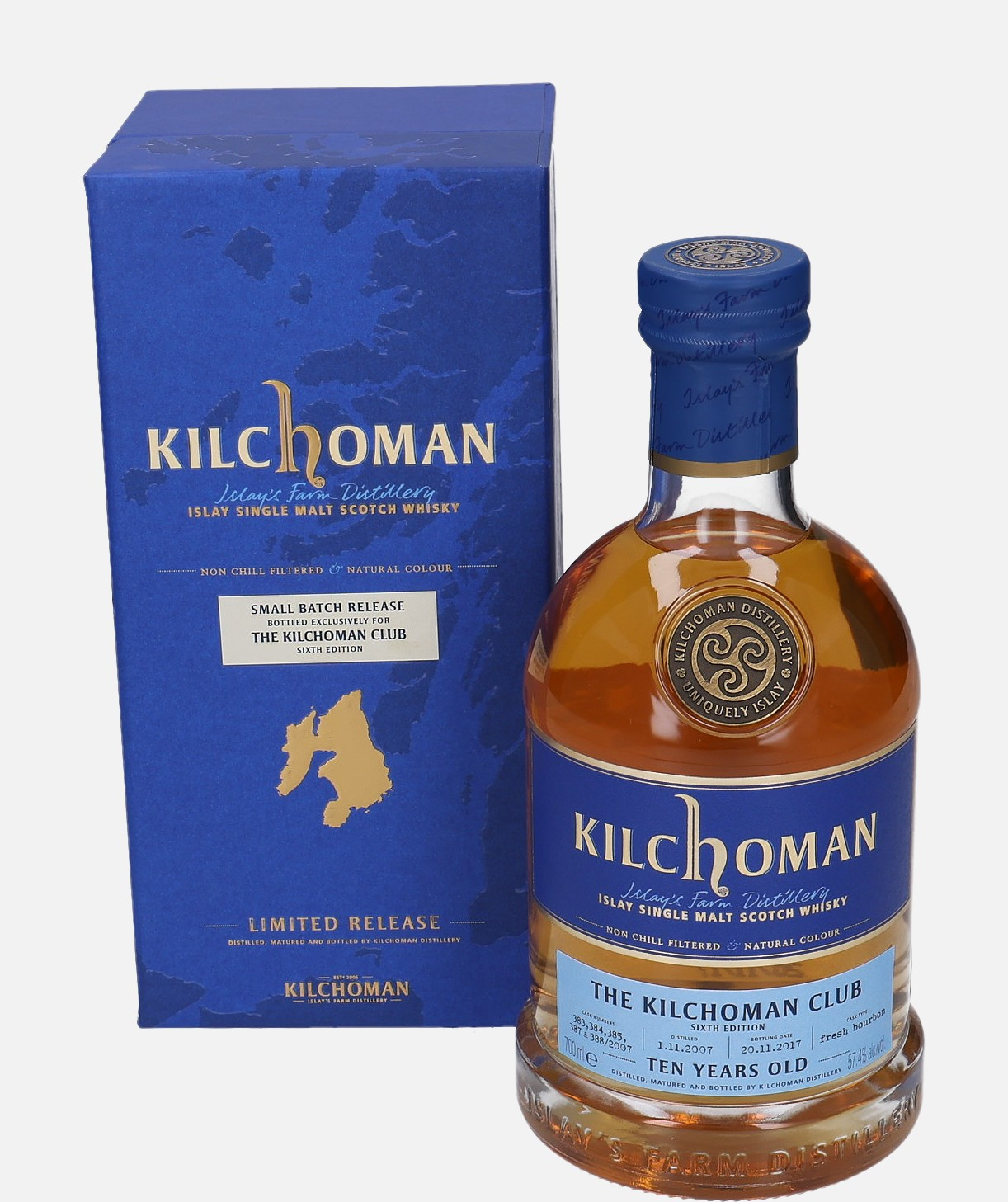 Kilchoman Original Bottling d. 1.11.2007, b. 20.11.2017 10 years old cask no. 383,384,385,387,388/2007 Sixth Edition Islay Single Malt Scotch Whisky Matured in Fresh Bourbon Cask 57.4% Vol, 700 ml Uncategorized 