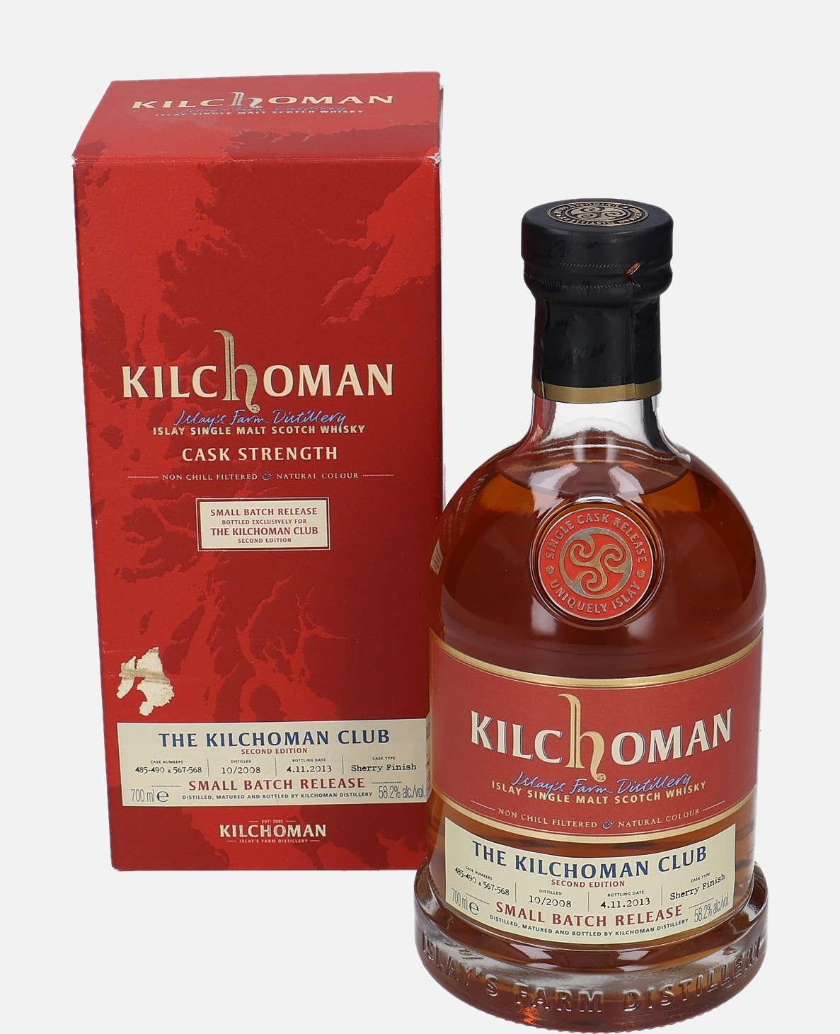 Kilchoman Original Bottling d. 10.2008, b. 4.11.2013 cask no. 485-490 & 567-568 Second Edition Islay Single Malt Scotch Whisky Finished in Sherry Cask 58.2% Vol, 700 ml Uncategorized