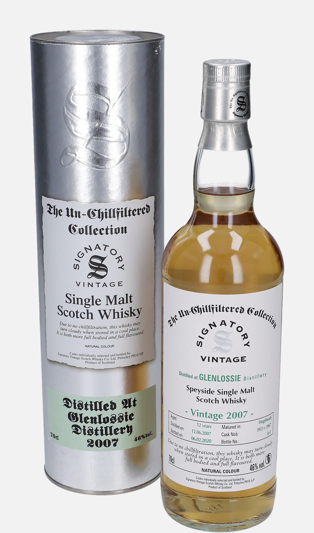 Glenlossie Signatory Vintage Scotch Whisky Co. Ltd. d. 12.6.2007, b. 6.2.2020 12 years old cask no. 3953+3967 Speyside Single Malt Scotch Whisky Matured in Hogshead 46% Vol, 700 ml Uncategorized 