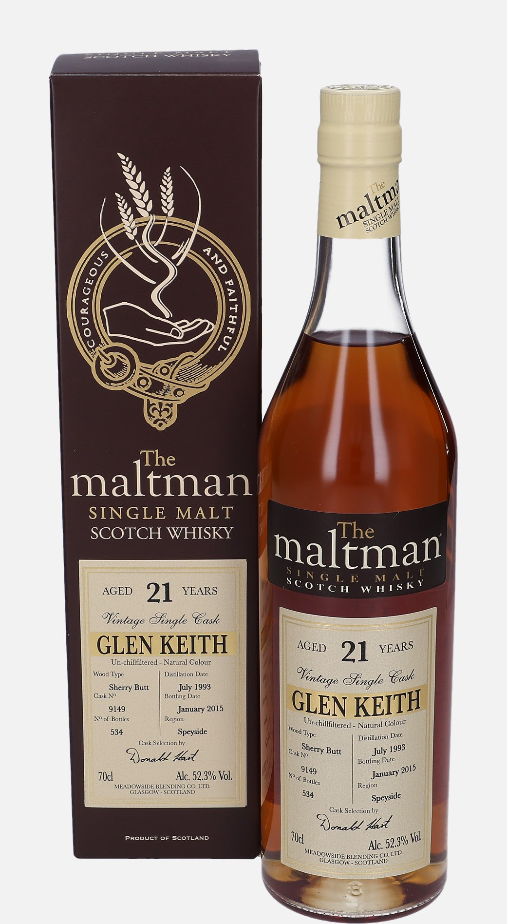 Glen Keith Meadowside Blending Co. Ltd. d. July 1993, b. January 2015 21 years old cask no. 9149 Single Malt Scotch Whisky Matured in Sherry Butt 52.3% Vol, 700 ml Uncategorized 