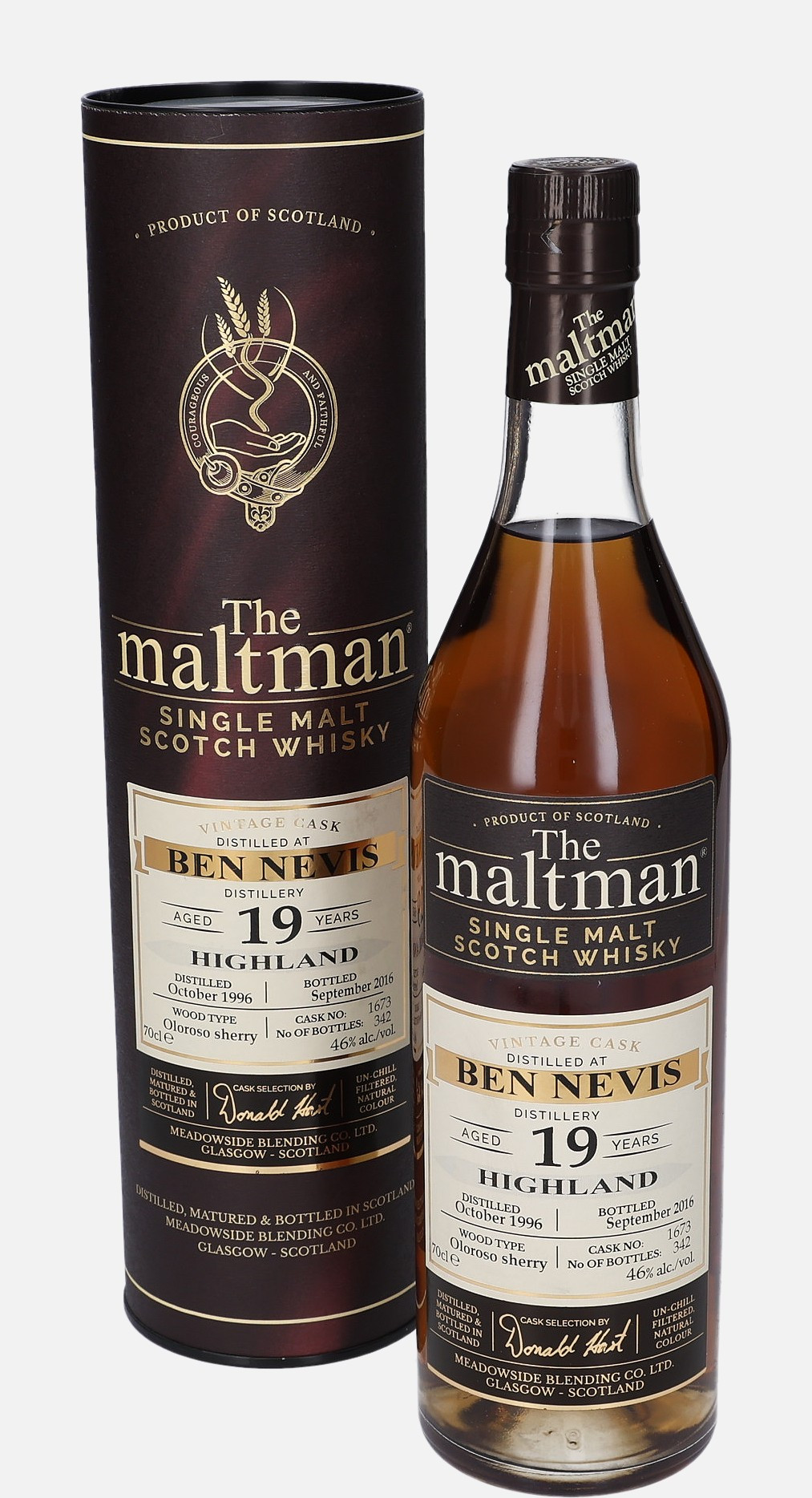 Ben Nevis Meadowside Blending Co. Ltd. d. October 1996, b. September 2016 19 years old cask no. 1673 Single Malt Scotch Whisky Matured in Oloroso Sherry Cask 46% Vol, 700 ml Uncategorized 