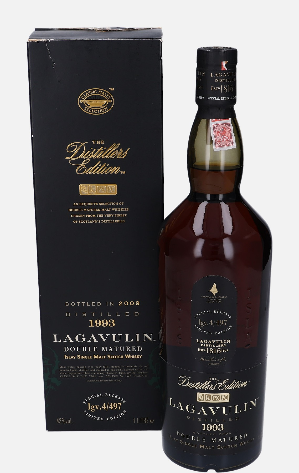 Lagavulin Original Bottling d. 1993, b. 2009 lgv. 4/497 Islay Single Malt Scotch Whisky Finished in Pedro Ximenez Cask 43% Vol, 1000 ml Whisky 