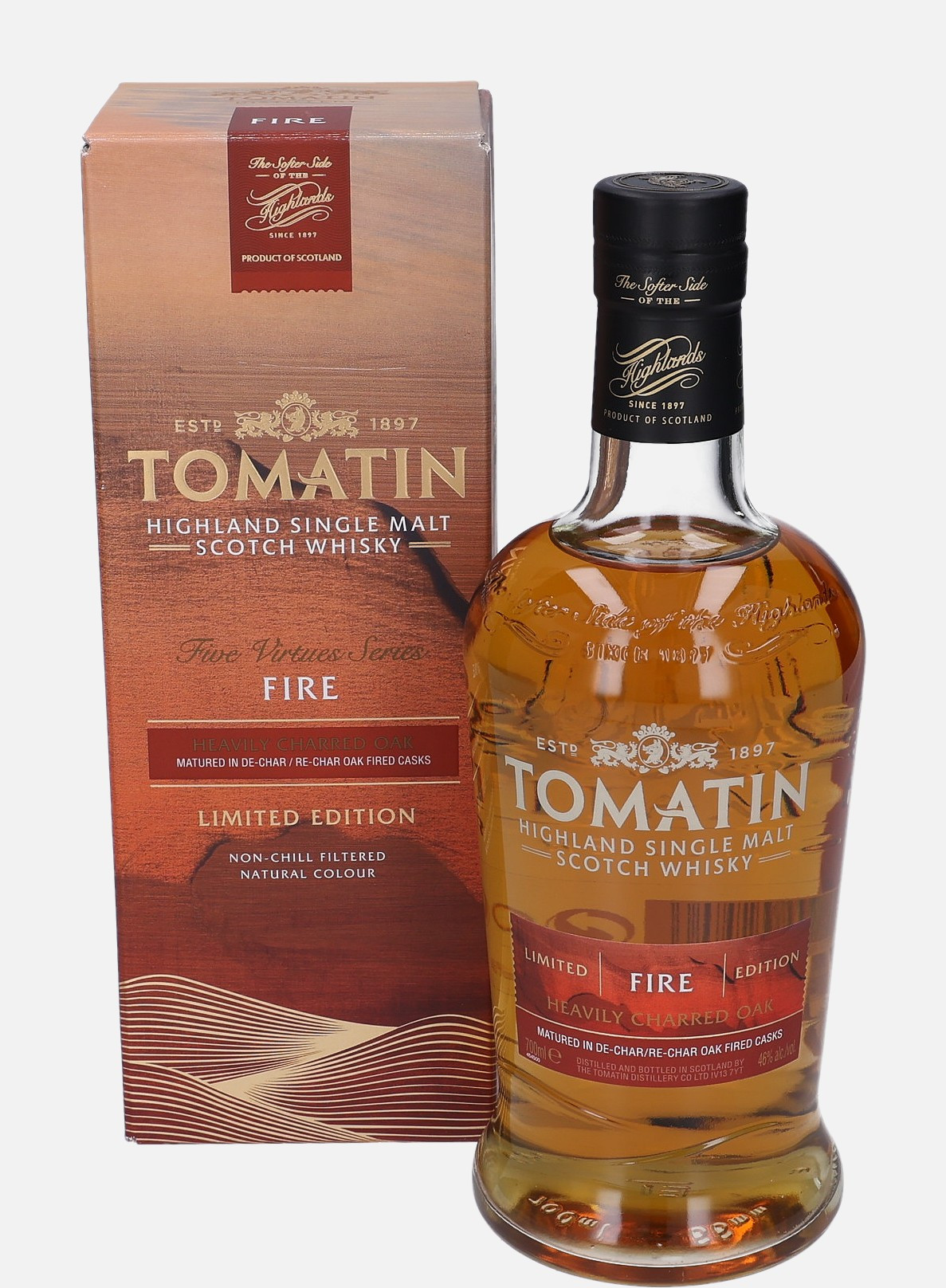 Tomatin Fire, Original Bottling Highland Single Malt Scotch Whisky Matured in De-Char/Re-Char Oak Fired Cask 46% Vol, 700 ml Whisky 