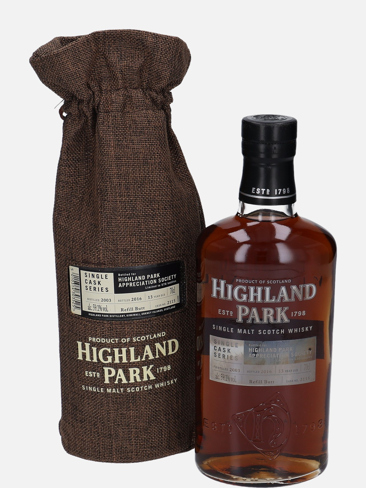Highland Park Original Bottling d. 2003, b. 2016 13 years old cask no. 2115 Single Malt Scotch Whisky Matured in Refill Butt 59.1% Vol, 700 ml Whisky