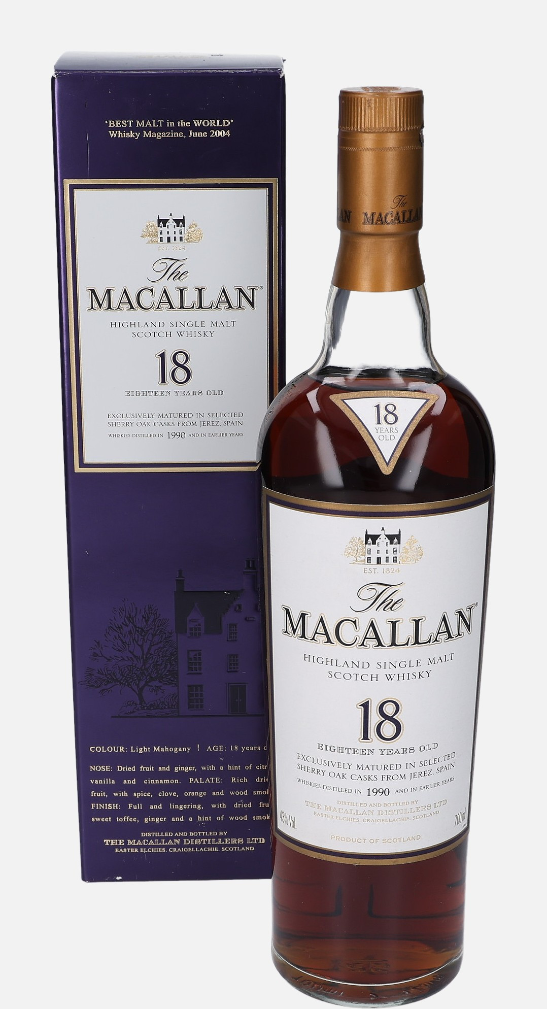 Macallan Original Bottling d. 1990 18 years old Highland Single Malt Scotch Whisky Matured in Sherry Oak Cask 43% Vol, 700 ml Whisky 