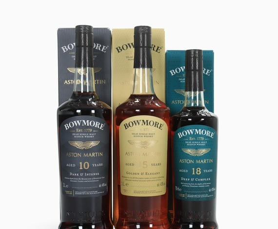 Bowmore – 10, 15 + 18 Year Old (Aston Martin) 2×1 Litre & 1x70cl Whisky